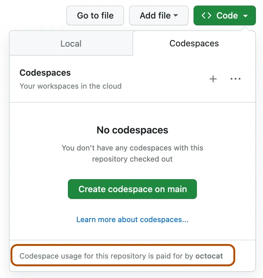 Diálogo mostrando botones para crear un codespace